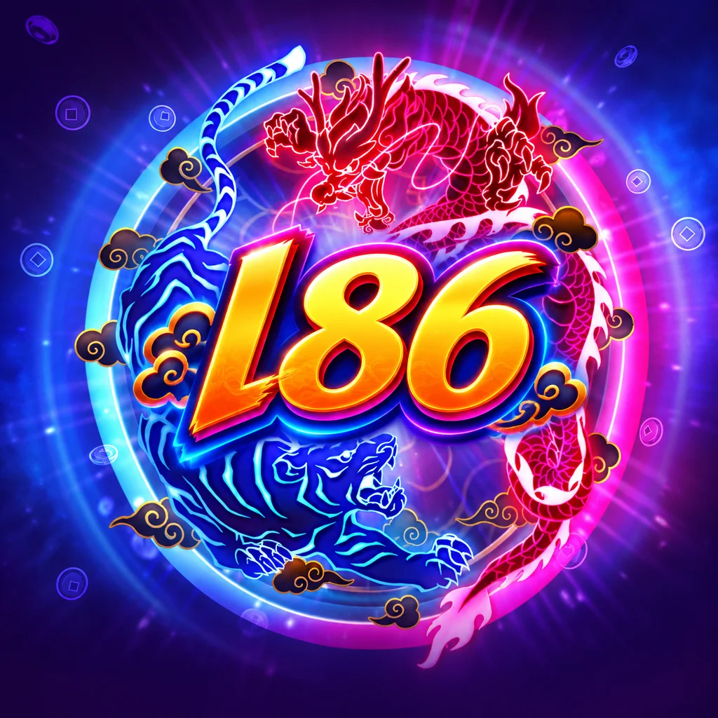 โลโก้ l86 พร้อมภาพมังกรสีแดงและเสือสีน้ำเงินในธีม Dragon Tiger Luck